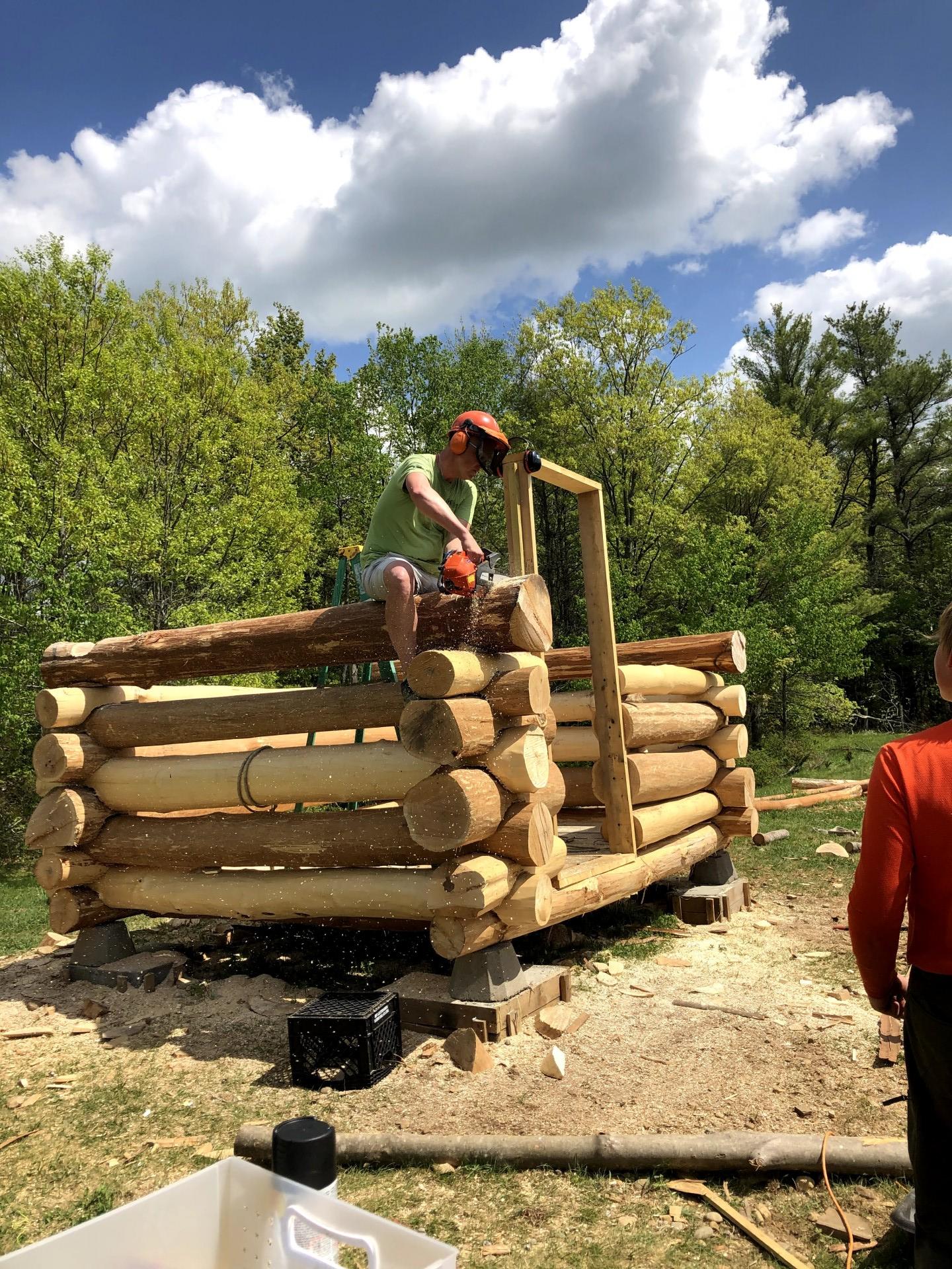 students building a log cablin